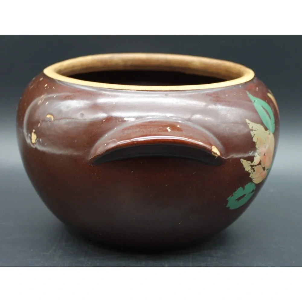 Vintage USA Pottery Brown Floral Bean Pot Crock 2 Handle Hand Painted Stoneware
